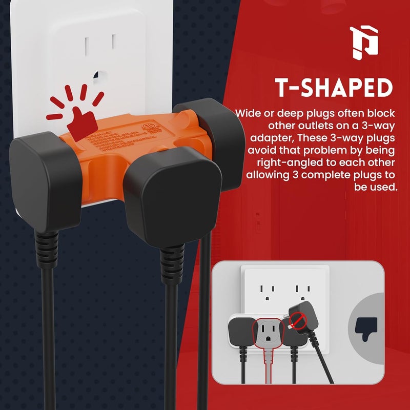 PLUGTUL 3 Way Plug Adapter, 3 Plug Wall Adapter, 3 Prong, Grounded, 15A, 1875W, Multiple Plug Expander for Home, Outdoor, ETL Listed, Orange, 3PACK - Image 3